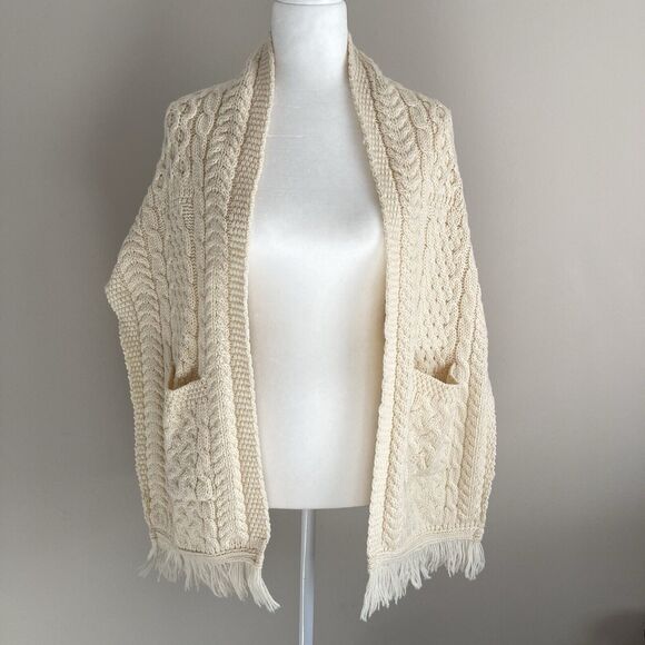 Inis Crafts Sweaters - Inis Crafts Merino Wool Shawl Poncho Cream Sleeveless Cable Knit Ireland OS